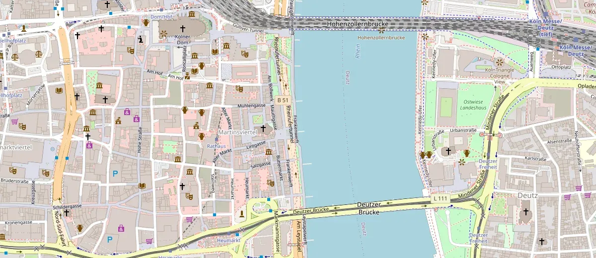 Lage von Altstadt-Promenade und Rheingarten auf der Karte
