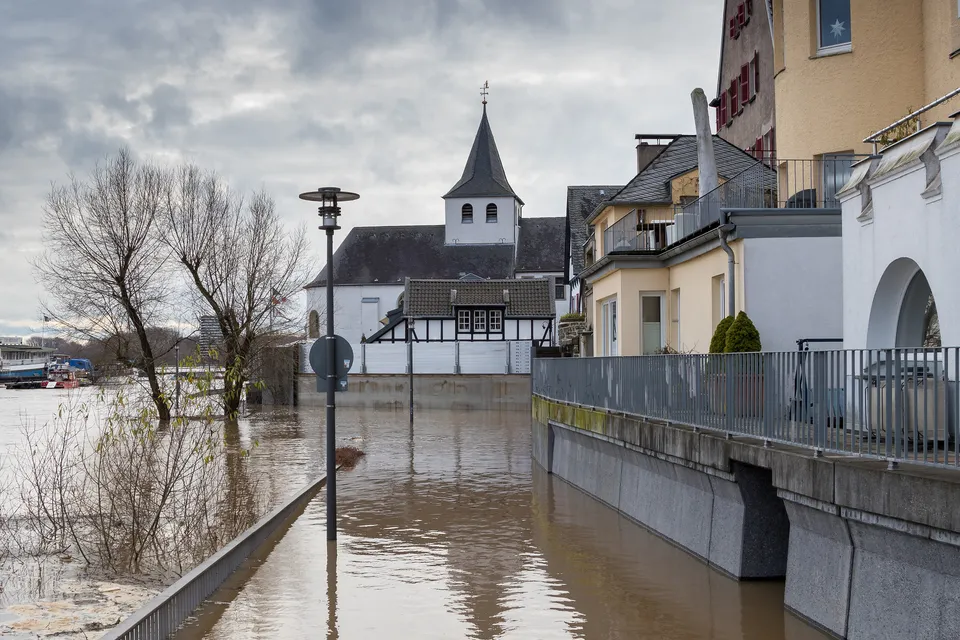 Überflutetes Rheinufer in Rodenkirchen, Januar 2018